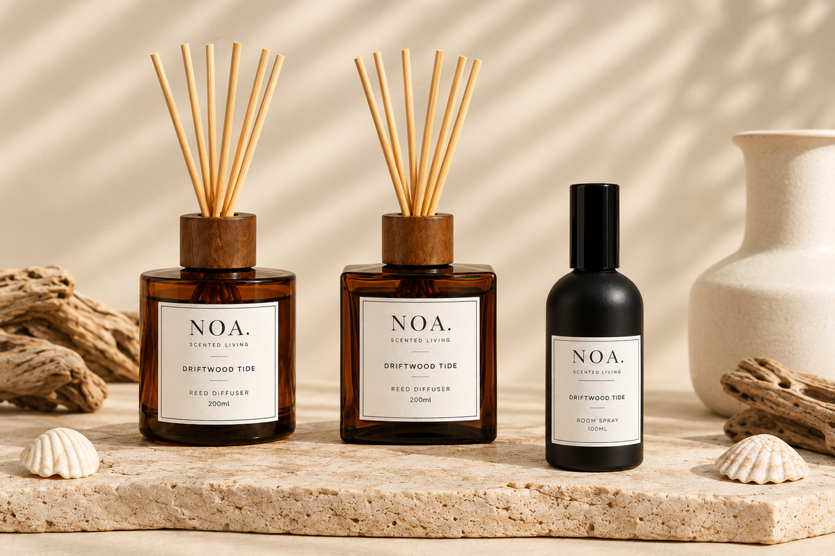 Driftwood Tide scent set with round diffuser, square diffuser and room spray