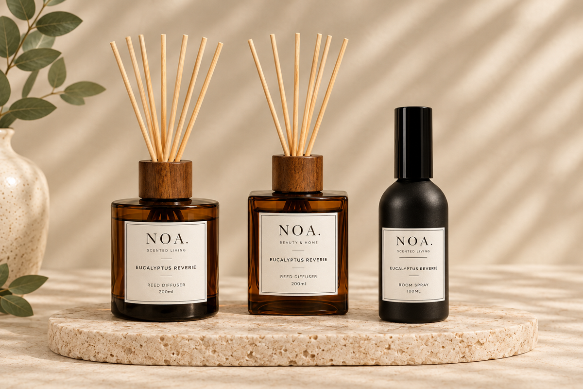 Eucalyptus Reverie scent set with round diffuser, square diffuser and room spray