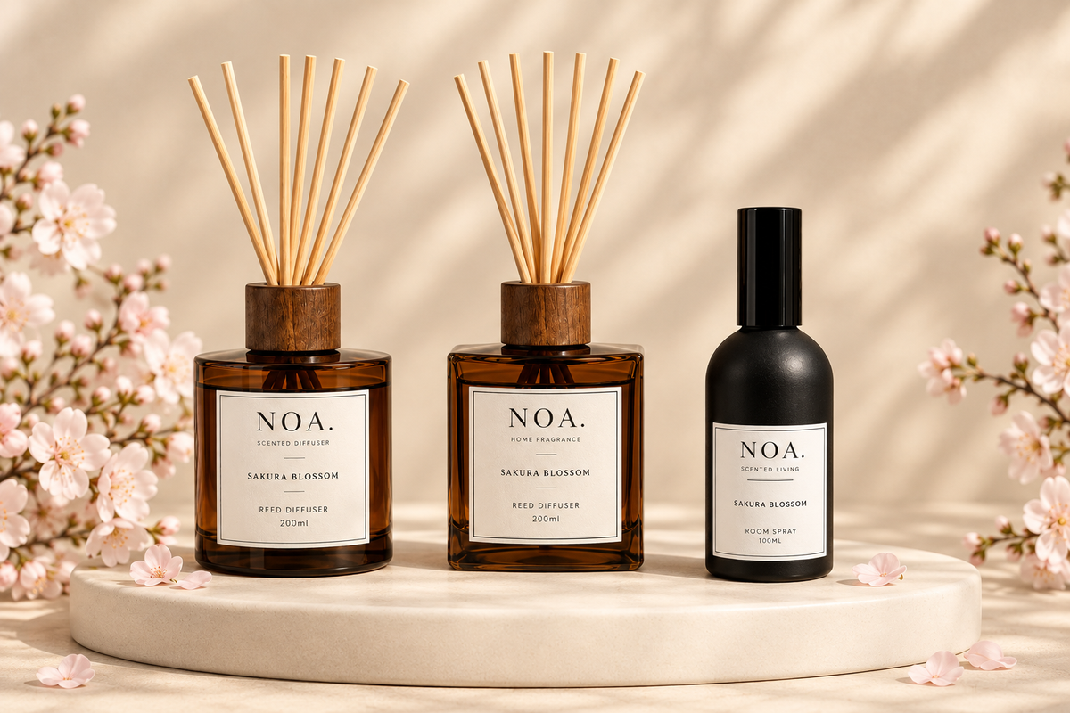 Sakura Blossom scent set with round diffuser, square diffuser and room spray