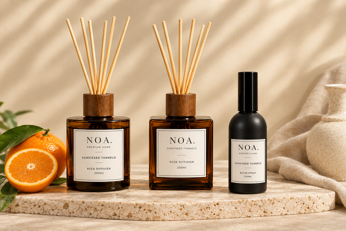 Sunkissed Tangelo scent set with round diffuser, square diffuser and room spray
